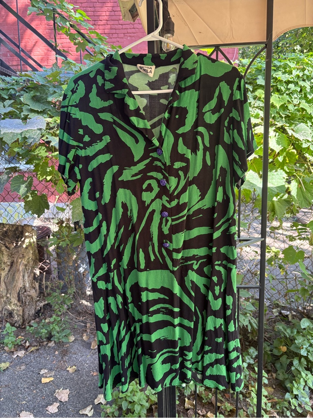Green & Black Abstract Print Button-Front Dress